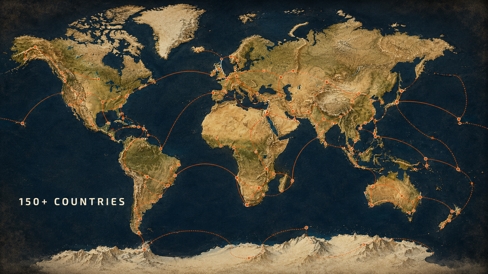 Stylized world map tracing Charlie Alsmiller's travels across more than 150 countries